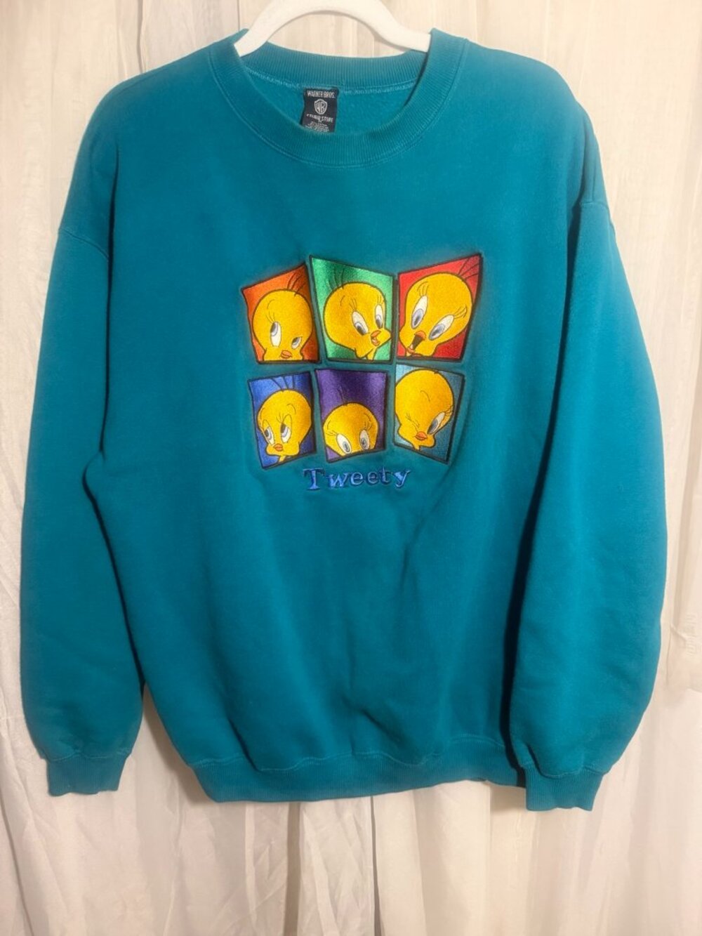 Vintage 1996 Warner Bros Tweety Bird Embroidered Sweatshirt Teal M